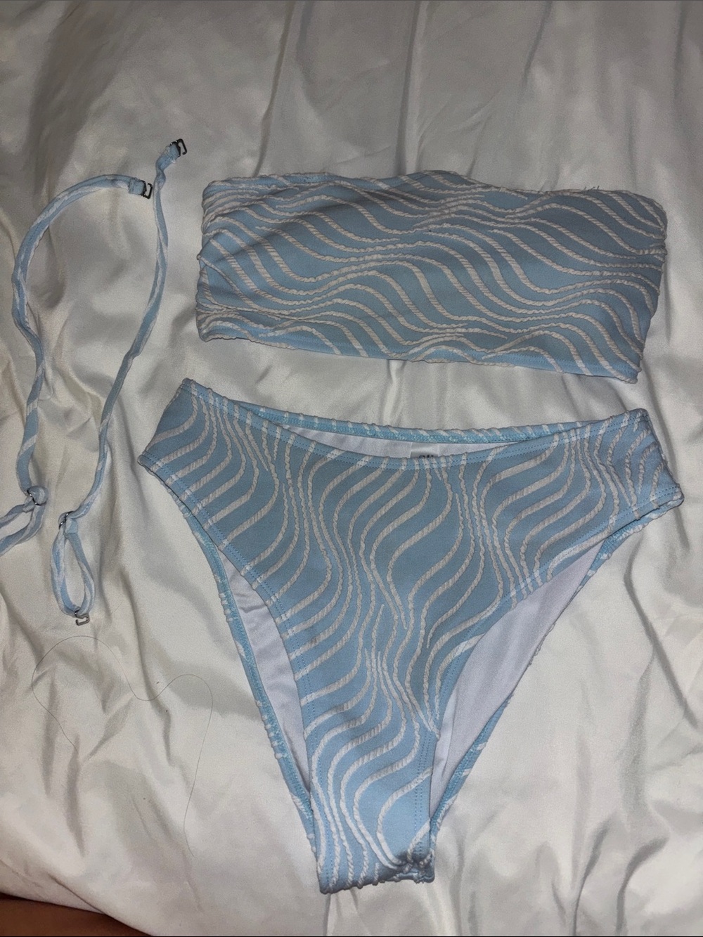 Light Blue Wave High-Waist Bandeau Bikini Set